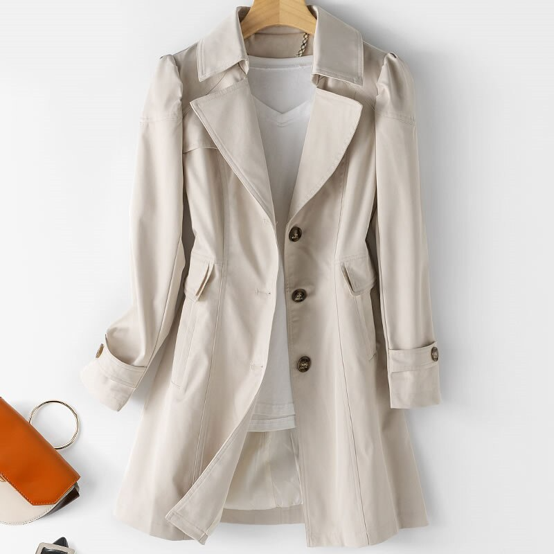 Women's One-Button Trench Coat with Padded Shoulders
