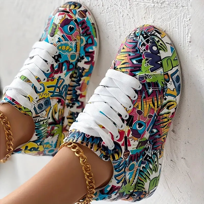 Women's Layered Sneakers with Graffiti Print
