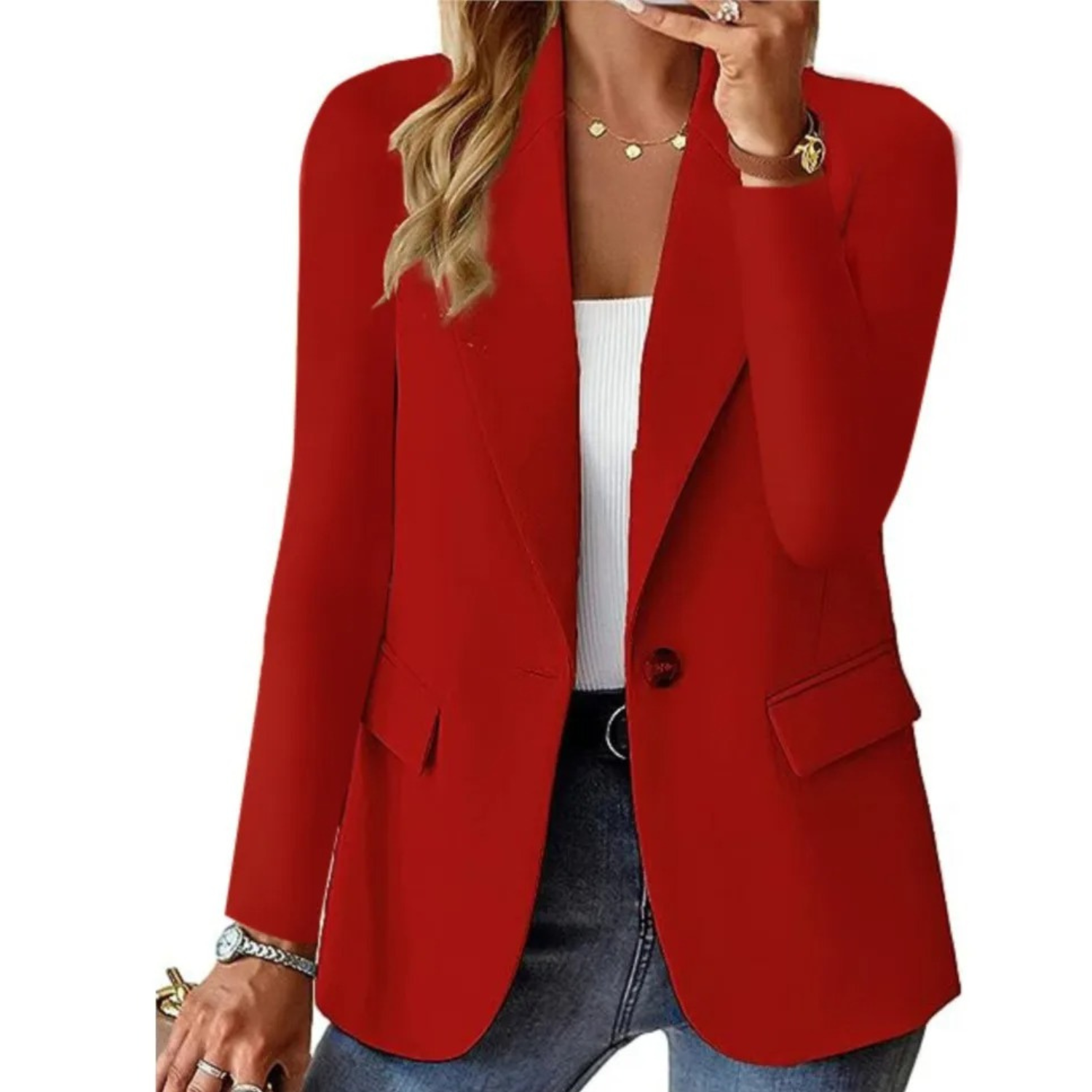 Versatile Women's Button-Up Blazer with Convenient Pockets