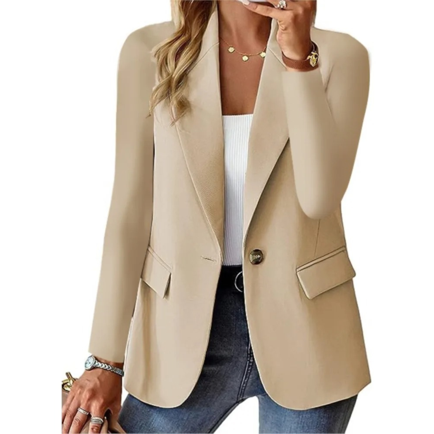 Versatile Women's Button-Up Blazer with Convenient Pockets