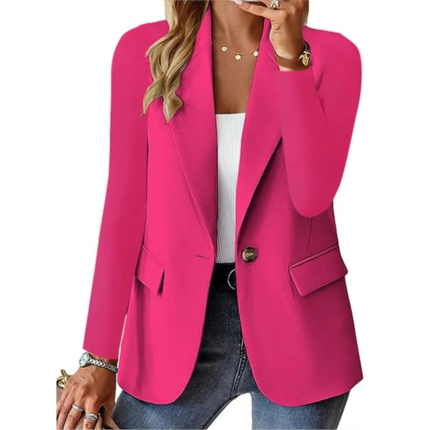 Versatile Women's Button-Up Blazer with Convenient Pockets