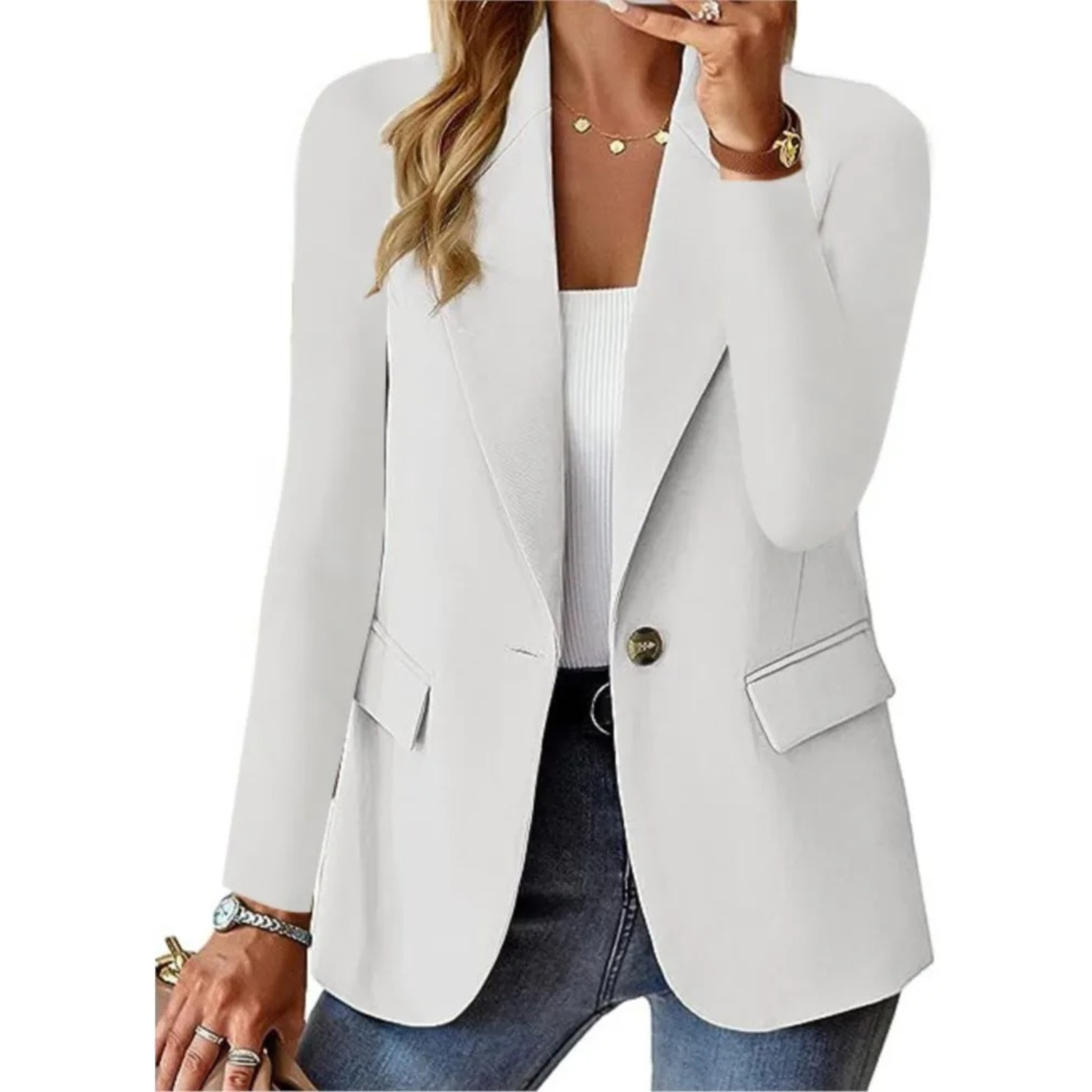 Versatile Women's Button-Up Blazer with Convenient Pockets