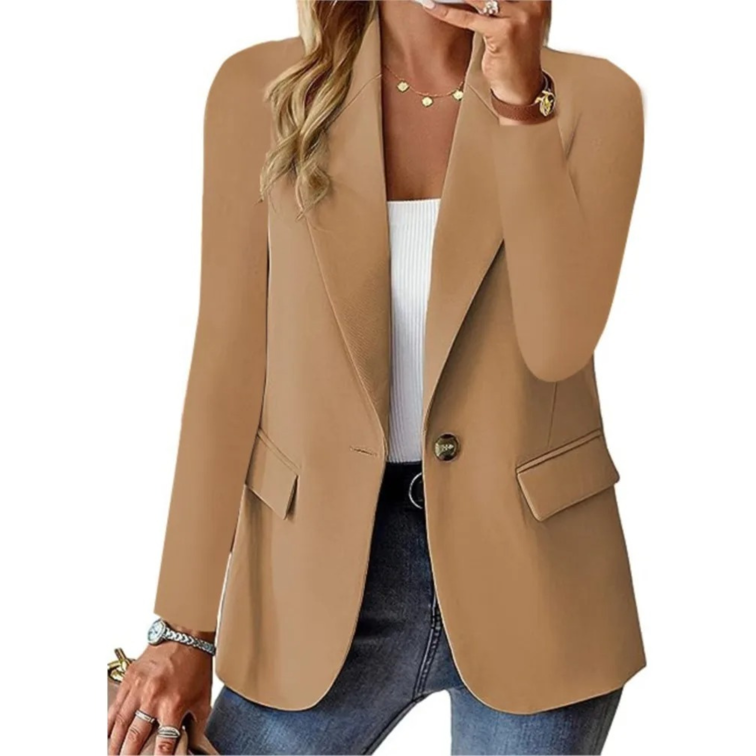 Versatile Women's Button-Up Blazer with Convenient Pockets