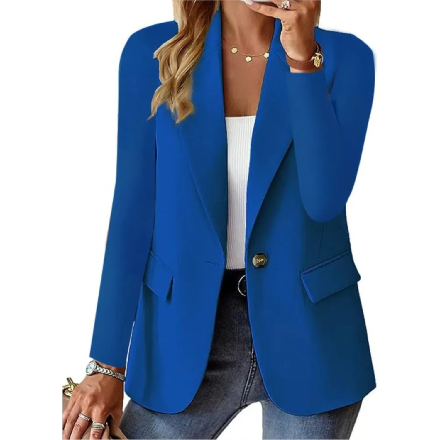 Versatile Women's Button-Up Blazer with Convenient Pockets
