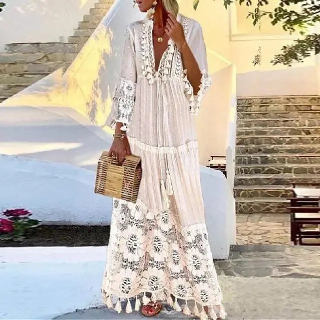 Bohemian Lace and Fringe Maxi Dress
