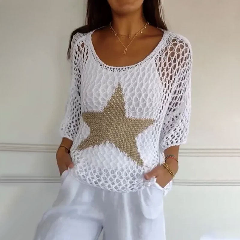 Women's Crochet Knit Mesh Top with Round Neck